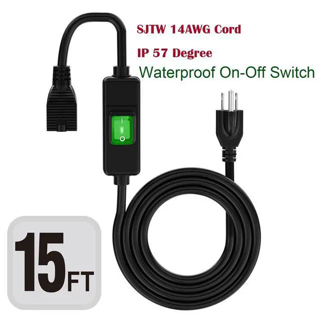 Alt view image 2 of 6 - 15FT 3-Prong Outdoor Waterproof Extension On/Off Switch Long Cord | IP57 Waterproof, SJTW, 14AWG, in-Line Switch Extension Cord Max.20A 125V, Heavy Duty Inline Switch Cable, Black