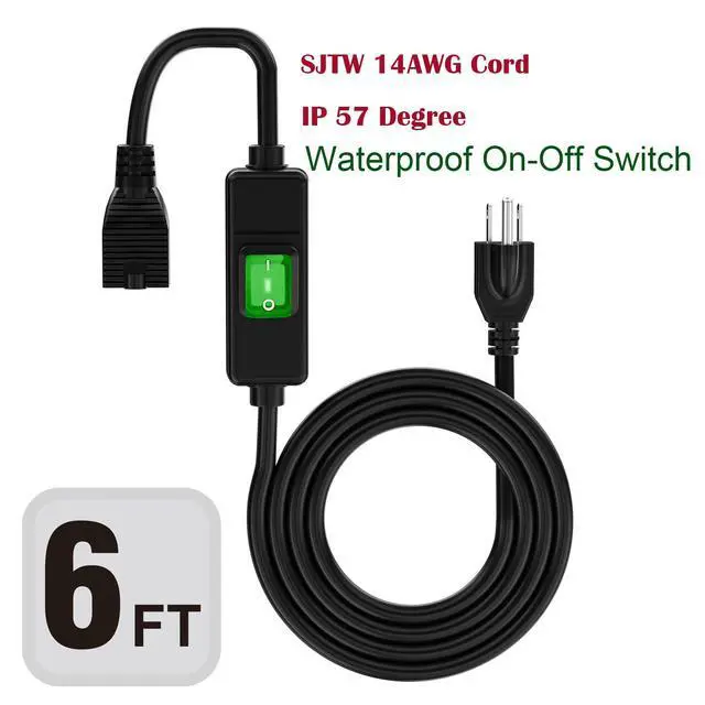 Alt view image 2 of 6 - 6FT 3 Prong Outdoor Waterproof Extension On/Off Switch Cord | SJTW, 14AWG, IP57 Waterproof, Max.20A 125V, in-Line Switch Extension Cord, Heavy Duty Inline Switch Cord, Black