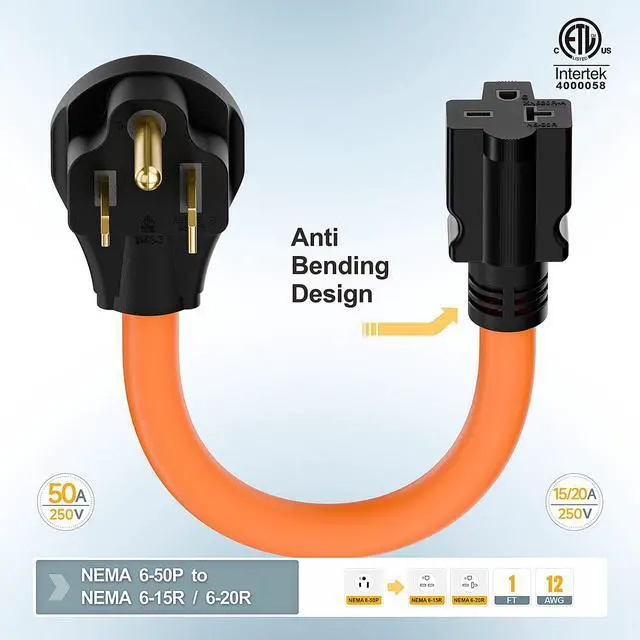 Alt view image 3 of 7 - 1.5FT Nema 6-50P to 6-15R/6-20R Welder Power Adapter Cord | 6-50P 50-Amp to 6-20R 20A T-Blade Adapter, 6-50 to 6-20R Adaptor Cord