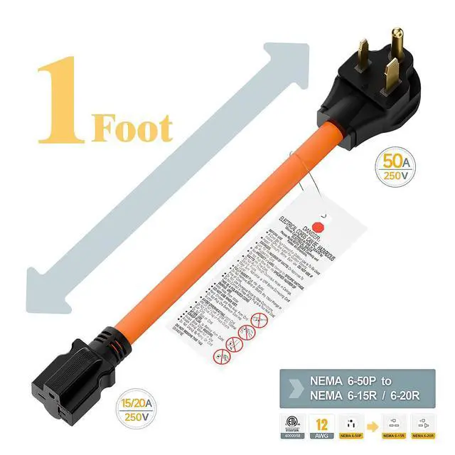 Alt view image 2 of 7 - 1.5FT Nema 6-50P to 6-15R/6-20R Welder Power Adapter Cord | 6-50P 50-Amp to 6-20R 20A T-Blade Adapter, 6-50 to 6-20R Adaptor Cord