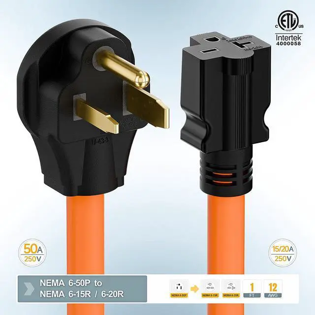 Alt view image 6 of 7 - 1.5FT Nema 6-50P to 6-15R/6-20R Welder Power Adapter Cord | 6-50P 50-Amp to 6-20R 20A T-Blade Adapter, 6-50 to 6-20R Adaptor Cord