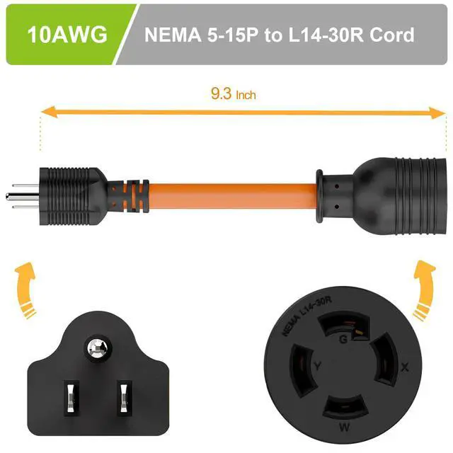 Alt view image 3 of 7 - Nema 5-15P to L14-30R Adapter Cord, Plugrand Heavy Duty SJTW 10AWG Cord | Generator 15Amp to Household L14-30 30Amp Inlet Power Adapter Cord, Length=24cm
