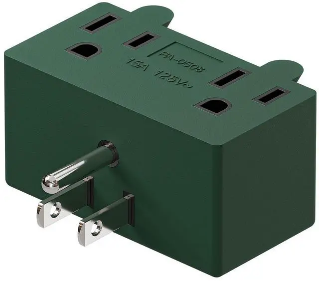 Main image of NEMA 5-15P to Dual 5-15R Adapter, Plugrand 90 Degree Downward Angled NEMA 5-15P Male to Female Adapter, Angled USA Power Adapter, 3 Prong Direction Changer Space Save Plug Green PA-0508G