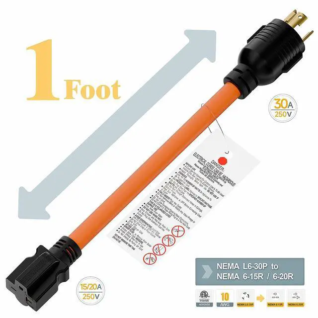 Alt view image 2 of 7 - 1FT Nema L6-30P 30-Amp Twist Locking Plug Male to 6-20R T-Blade Adapter | STW 12-AWG 30A Generator 250V to 20A 250V 6-20/15R Adapter, L6-30 to 6-20R (6-15) Adapter
