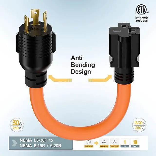 Alt view image 3 of 7 - 1FT Nema L6-30P 30-Amp Twist Locking Plug Male to 6-20R T-Blade Adapter | STW 12-AWG 30A Generator 250V to 20A 250V 6-20/15R Adapter, L6-30 to 6-20R (6-15) Adapter