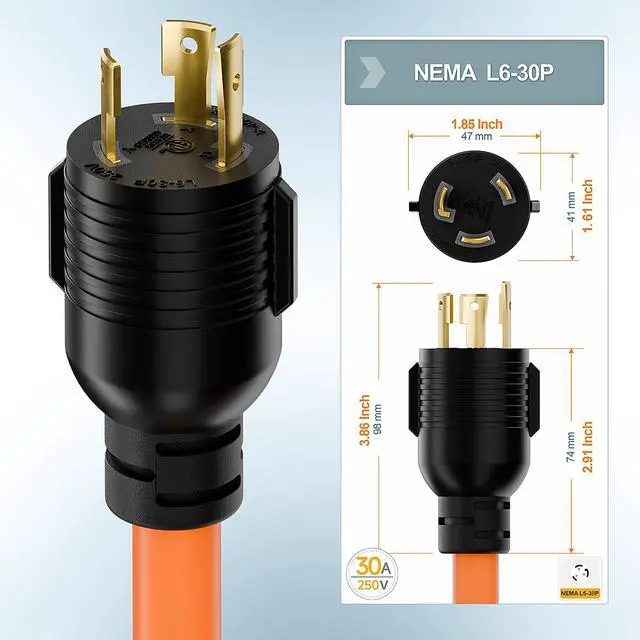 Alt view image 4 of 7 - 1FT Nema L6-30P 30-Amp Twist Locking Plug Male to 6-20R T-Blade Adapter | STW 12-AWG 30A Generator 250V to 20A 250V 6-20/15R Adapter, L6-30 to 6-20R (6-15) Adapter