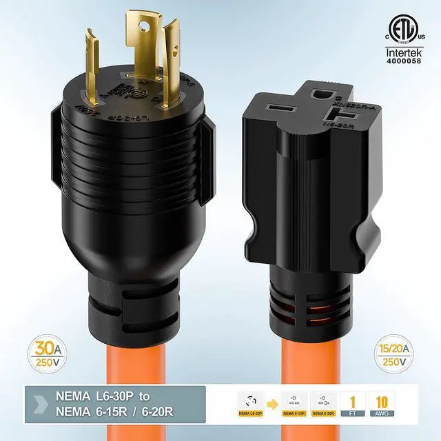 Alt view image 6 of 7 - 1FT Nema L6-30P 30-Amp Twist Locking Plug Male to 6-20R T-Blade Adapter | STW 12-AWG 30A Generator 250V to 20A 250V 6-20/15R Adapter, L6-30 to 6-20R (6-15) Adapter