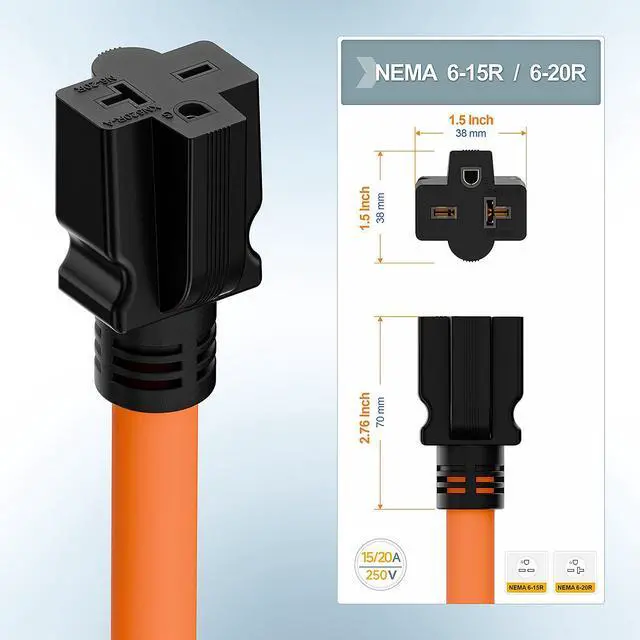 Alt view image 5 of 7 - 1FT Nema L6-30P 30-Amp Twist Locking Plug Male to 6-20R T-Blade Adapter | STW 12-AWG 30A Generator 250V to 20A 250V 6-20/15R Adapter, L6-30 to 6-20R (6-15) Adapter
