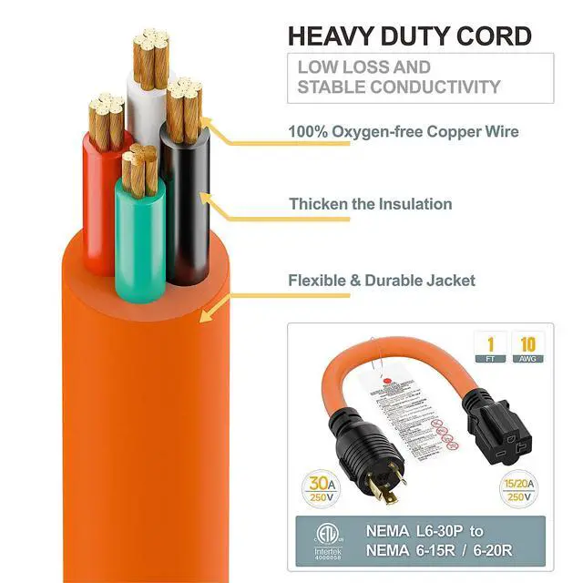 Alt view image 7 of 7 - 1FT Nema L6-30P 30-Amp Twist Locking Plug Male to 6-20R T-Blade Adapter | STW 12-AWG 30A Generator 250V to 20A 250V 6-20/15R Adapter, L6-30 to 6-20R (6-15) Adapter