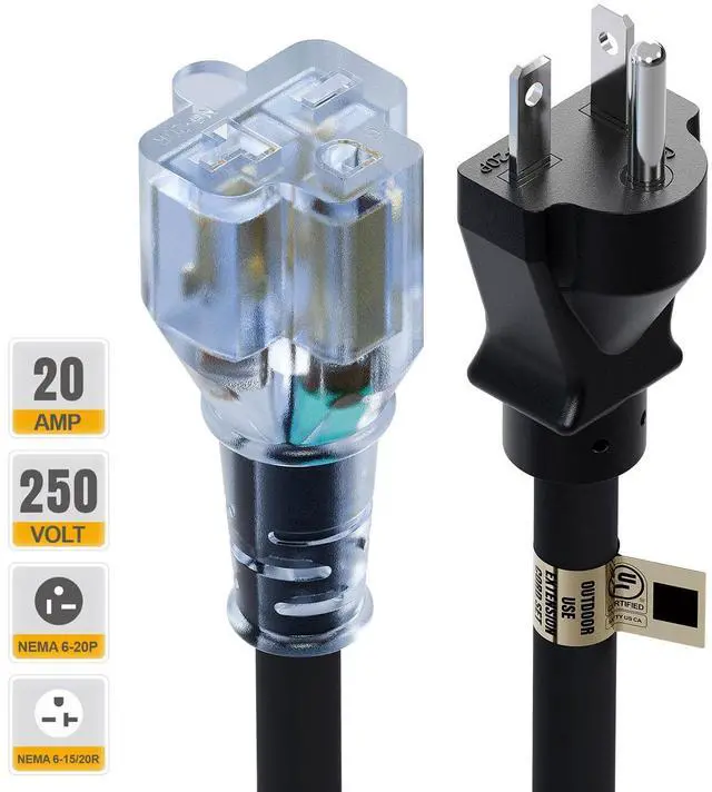 Alt view image 4 of 7 - 10FT Nema 6-20P Extension Cord, Plugrand Nema 6-20P to 6-15R/20R Cord | 12AWG 20A 250V Heavy Duty Cord with Indicator Light, Cord for Air Conditioner- Only Work for 250V Devices, Black
