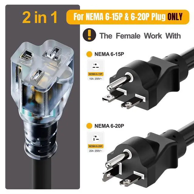 Alt view image 4 of 7 - NEMA 6-20P to 6-15R/6-20R Extension Cord, Heavy Duty Converter Cable | 250V ONLY NOT for 110V Outlets, NOT Standard 5-15P Plug, Cord with Red Indicator Light for Air Conditioner