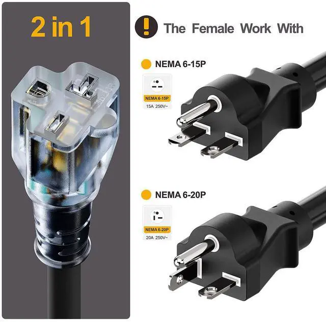 Alt view image 2 of 7 - 6FT Nema 6-20P to 6-20R/6-15R Extension Cord, Plugrand Nema 6-20P Cord | Heavy Duty 20 Amp 250 Volt 12AWG Extension Cable, Nema 6-20R T-Blade Cord with Red Indicator Light for Air Conditioner, Black