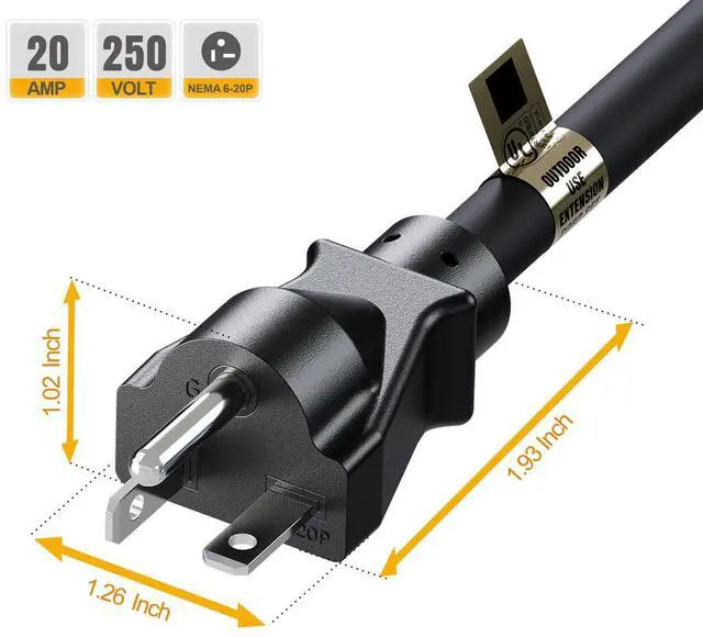 Alt view image 7 of 7 - 6FT Nema 6-20P to 6-20R/6-15R Extension Cord, Plugrand Nema 6-20P Cord | Heavy Duty 20 Amp 250 Volt 12AWG Extension Cable, Nema 6-20R T-Blade Cord with Red Indicator Light for Air Conditioner, Black