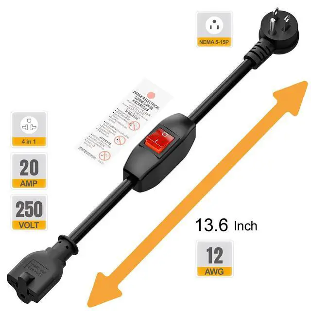 Alt view image 3 of 7 - Angled 4 in 1 Heavy Duty On/Off Switch Extension Cord, 1FT | 12AWG 15A Household Plug to 20A T Blade Adapter Cable, Extensicon Cable with Heavy Duty 23A 125V Inline Switch, L=1FT