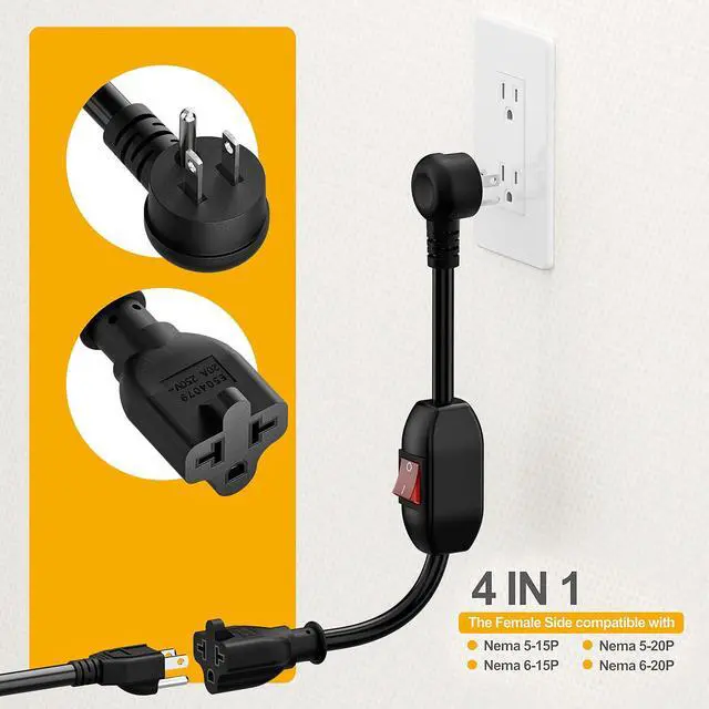 Alt view image 2 of 7 - Angled 4 in 1 Heavy Duty On/Off Switch Extension Cord, 1FT | 12AWG 15A Household Plug to 20A T Blade Adapter Cable, Extensicon Cable with Heavy Duty 23A 125V Inline Switch, L=1FT