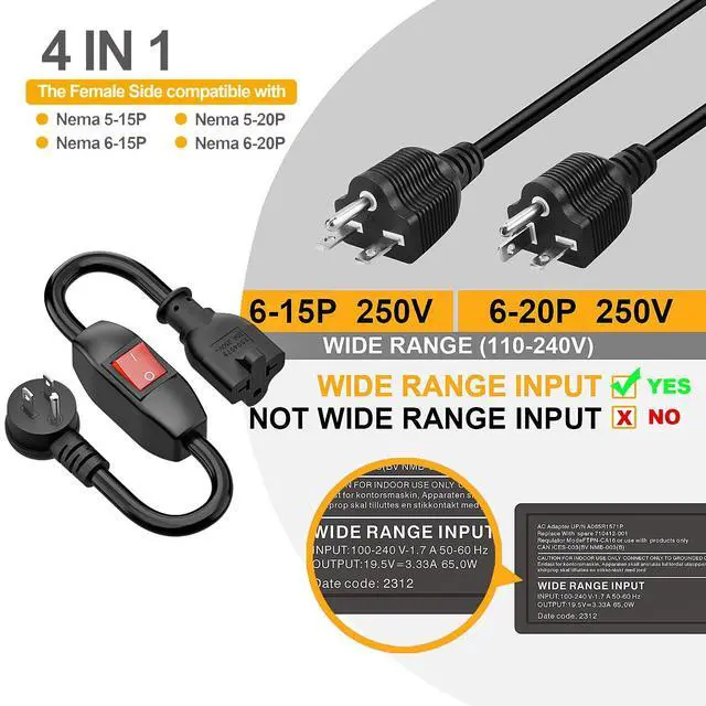 Alt view image 5 of 7 - Angled 4 in 1 Heavy Duty On/Off Switch Extension Cord, 1FT | 12AWG 15A Household Plug to 20A T Blade Adapter Cable, Extensicon Cable with Heavy Duty 23A 125V Inline Switch, L=1FT
