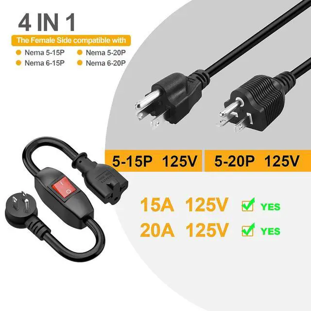 Alt view image 6 of 7 - Angled 4 in 1 Heavy Duty On/Off Switch Extension Cord, 1FT | 12AWG 15A Household Plug to 20A T Blade Adapter Cable, Extensicon Cable with Heavy Duty 23A 125V Inline Switch, L=1FT