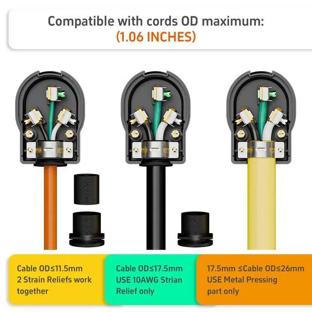Alt view image 6 of 7 - 2 in 1 Nema 10-30P & NEMA 10-50P Plug, Plugrand UL Listed 30/50 Amp 125/250 Volt Angle Plug, 3 Pole 3 Wire Straight Blade for Dryer Ranges Replacement Connector, Support Cable OD Max. 1.0 Inch