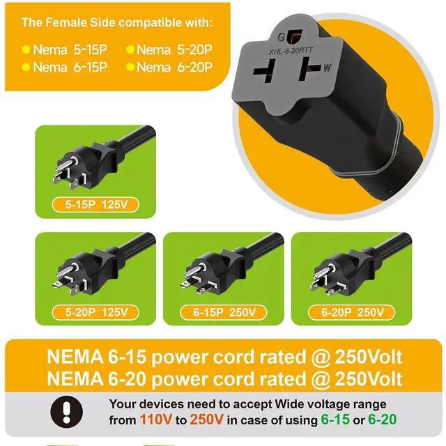 Alt view image 2 of 7 - 15 Amp Household AC Plug to 20 Amp T Blade Adapter Cable, 6FT | NEMA 5-15P to 5-15R, 5-20R, 6-15R, 5-15P to 6-20R, 4 in 1 12AWG AC Adapter Cable, 6FT