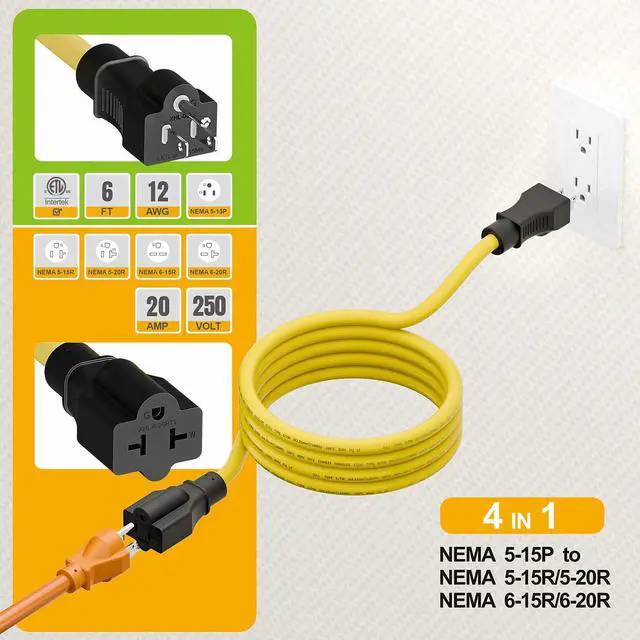 Alt view image 3 of 7 - 15 Amp Household AC Plug to 20 Amp T Blade Adapter Cable, 6FT | NEMA 5-15P to 5-15R, 5-20R, 6-15R, 5-15P to 6-20R, 4 in 1 12AWG AC Adapter Cable, 6FT