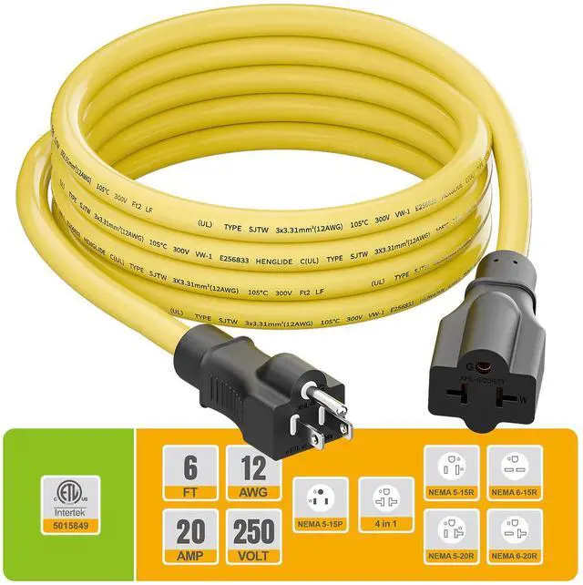 Alt view image 4 of 7 - 15 Amp Household AC Plug to 20 Amp T Blade Adapter Cable, 6FT | NEMA 5-15P to 5-15R, 5-20R, 6-15R, 5-15P to 6-20R, 4 in 1 12AWG AC Adapter Cable, 6FT