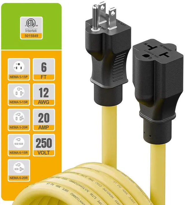 Alt view image 5 of 7 - 15 Amp Household AC Plug to 20 Amp T Blade Adapter Cable, 6FT | NEMA 5-15P to 5-15R, 5-20R, 6-15R, 5-15P to 6-20R, 4 in 1 12AWG AC Adapter Cable, 6FT