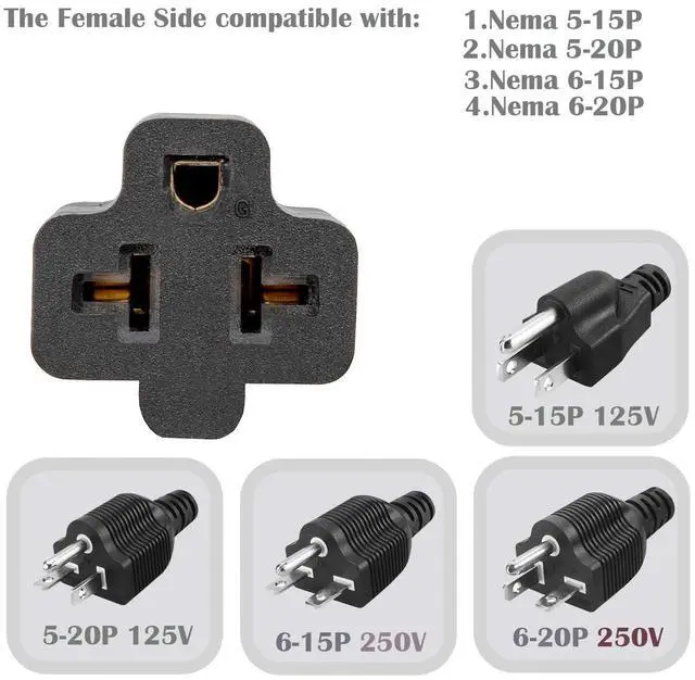 Alt view image 6 of 7 - 15 Amp Household AC Plug to 20 Amp T Blade Adapter Cable, 6FT | NEMA 5-15P to 5-15R, 5-20R, 6-15R, 5-15P to 6-20R, 4 in 1 12AWG AC Adapter Cable, 6FT