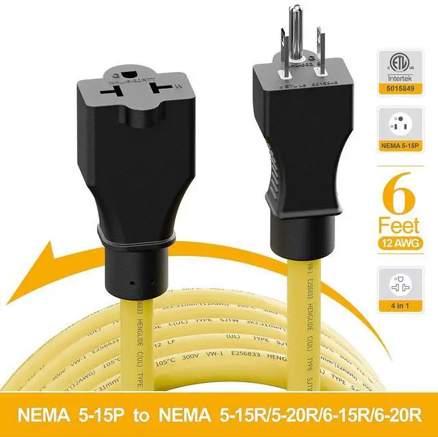 Alt view image 7 of 7 - 15 Amp Household AC Plug to 20 Amp T Blade Adapter Cable, 6FT | NEMA 5-15P to 5-15R, 5-20R, 6-15R, 5-15P to 6-20R, 4 in 1 12AWG AC Adapter Cable, 6FT