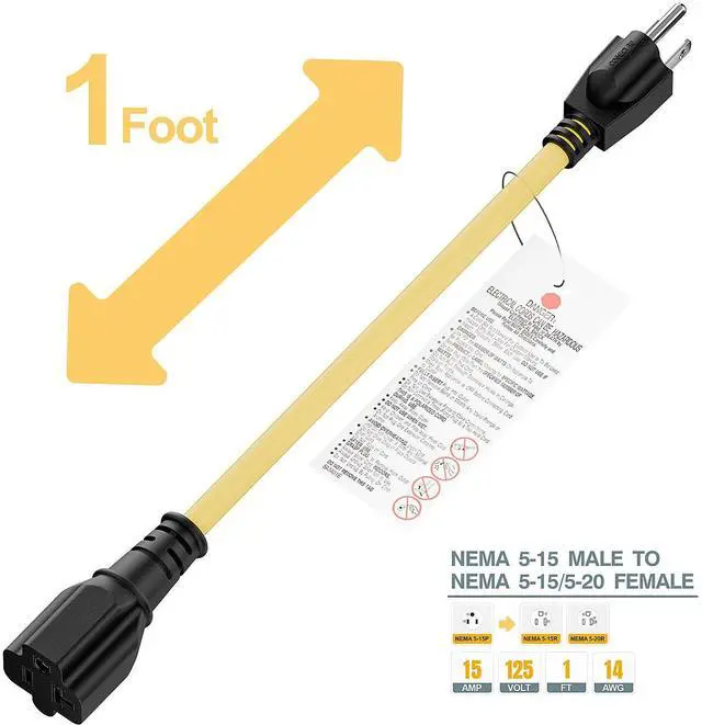 Alt view image 2 of 7 - Short Nema 5-15P to 5-15R/5-20R 20Amp Comb AC Power Cord 1FT | 14AWG Short 15A to 20A Plug Adapter Cord, 15 Amp Household AC Plug to 20 Amp T Blade Adapter Cable, Yellow