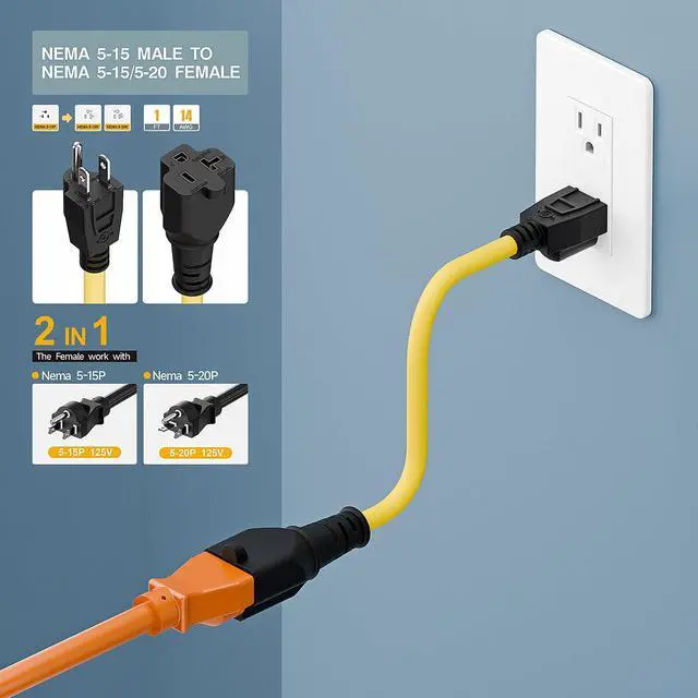 Alt view image 4 of 7 - Short Nema 5-15P to 5-15R/5-20R 20Amp Comb AC Power Cord 1FT | 14AWG Short 15A to 20A Plug Adapter Cord, 15 Amp Household AC Plug to 20 Amp T Blade Adapter Cable, Yellow