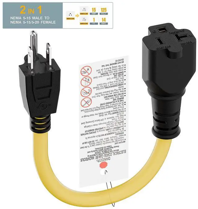 Alt view image 6 of 7 - Short Nema 5-15P to 5-15R/5-20R 20Amp Comb AC Power Cord 1FT | 14AWG Short 15A to 20A Plug Adapter Cord, 15 Amp Household AC Plug to 20 Amp T Blade Adapter Cable, Yellow
