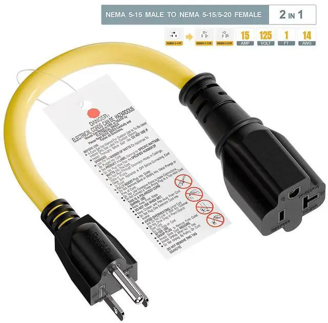 Alt view image 7 of 7 - Short Nema 5-15P to 5-15R/5-20R 20Amp Comb AC Power Cord 1FT | 14AWG Short 15A to 20A Plug Adapter Cord, 15 Amp Household AC Plug to 20 Amp T Blade Adapter Cable, Yellow