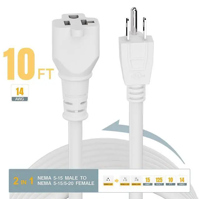 Alt view image 2 of 7 - 10-Feet 15 Amp Household AC Plug to 20 Amp T Blade Adapter Cable, Plugrand 14AWG 15 Amp to 20 Amp Plug Adapter Cord Nema 5-15P to 5-15R/5-20R 20Amp Comb AC Power Cord, White