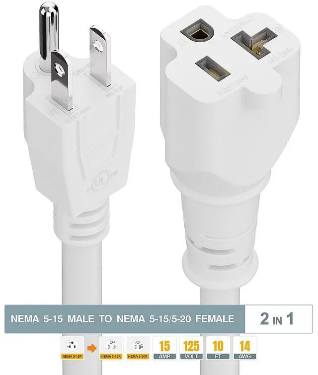 Alt view image 3 of 7 - 10-Feet 15 Amp Household AC Plug to 20 Amp T Blade Adapter Cable, Plugrand 14AWG 15 Amp to 20 Amp Plug Adapter Cord Nema 5-15P to 5-15R/5-20R 20Amp Comb AC Power Cord, White