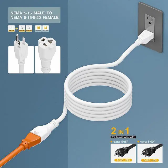 Alt view image 4 of 7 - 10-Feet 15 Amp Household AC Plug to 20 Amp T Blade Adapter Cable, Plugrand 14AWG 15 Amp to 20 Amp Plug Adapter Cord Nema 5-15P to 5-15R/5-20R 20Amp Comb AC Power Cord, White