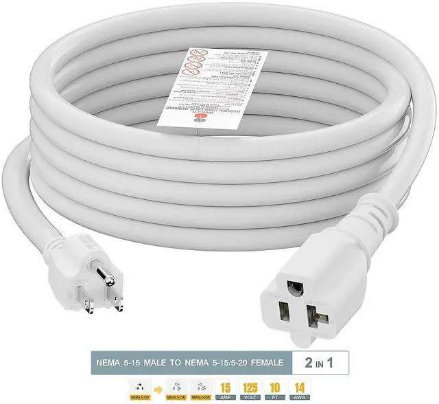 Alt view image 6 of 7 - 10-Feet 15 Amp Household AC Plug to 20 Amp T Blade Adapter Cable, Plugrand 14AWG 15 Amp to 20 Amp Plug Adapter Cord Nema 5-15P to 5-15R/5-20R 20Amp Comb AC Power Cord, White