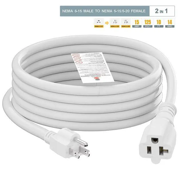 Alt view image 7 of 7 - 10-Feet 15 Amp Household AC Plug to 20 Amp T Blade Adapter Cable, Plugrand 14AWG 15 Amp to 20 Amp Plug Adapter Cord Nema 5-15P to 5-15R/5-20R 20Amp Comb AC Power Cord, White