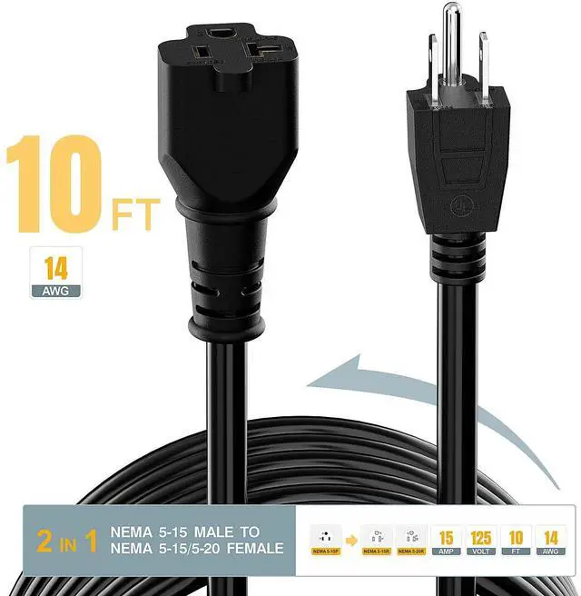 Alt view image 3 of 7 - 10FT 5-15P Male to 5-15R/5-20R Female T Blade Adapter Cable | 14AWG 15 Amp to 20 Amp Plug Adapter Cord Nema 5-15P to 5-15R/5-20R 20Amp Comb AC Power Cord, Black