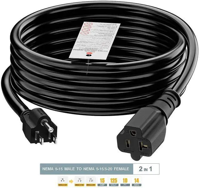 Alt view image 2 of 7 - 10FT 5-15P Male to 5-15R/5-20R Female T Blade Adapter Cable | 14AWG 15 Amp to 20 Amp Plug Adapter Cord Nema 5-15P to 5-15R/5-20R 20Amp Comb AC Power Cord, Black