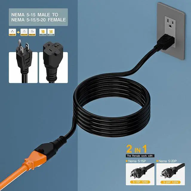 Alt view image 6 of 7 - 10FT 5-15P Male to 5-15R/5-20R Female T Blade Adapter Cable | 14AWG 15 Amp to 20 Amp Plug Adapter Cord Nema 5-15P to 5-15R/5-20R 20Amp Comb AC Power Cord, Black