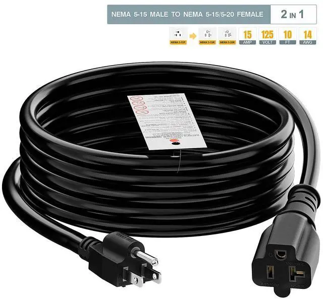 Alt view image 7 of 7 - 10FT 5-15P Male to 5-15R/5-20R Female T Blade Adapter Cable | 14AWG 15 Amp to 20 Amp Plug Adapter Cord Nema 5-15P to 5-15R/5-20R 20Amp Comb AC Power Cord, Black