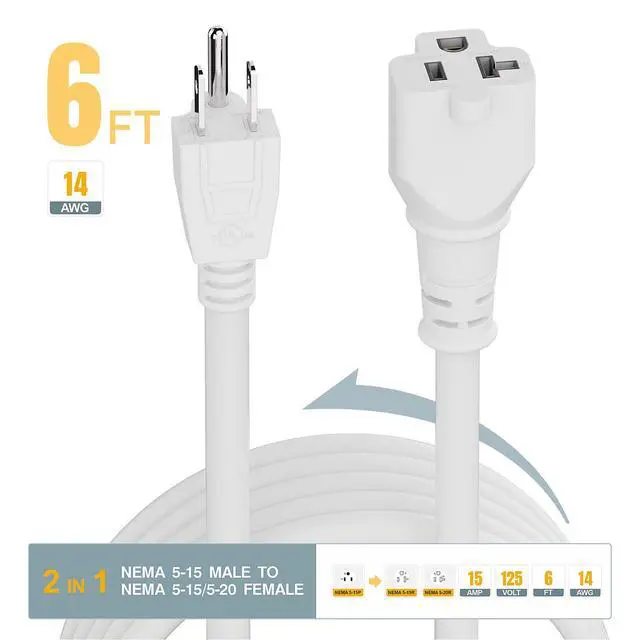 Alt view image 2 of 7 - 6FT 15 Amp Household AC Plug to 20 Amp T Blade Adapter Cable, 14AWG 15 Amp to 20 Amp Plug Adapter Cord Nema 5-15P to 5-15R/5-20R 20Amp Comb AC Power Cord, White