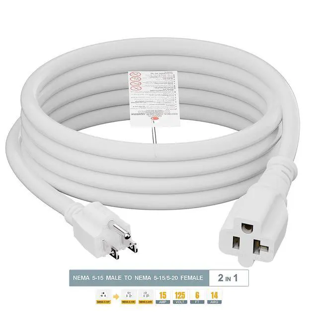 Alt view image 3 of 7 - 6FT 15 Amp Household AC Plug to 20 Amp T Blade Adapter Cable, 14AWG 15 Amp to 20 Amp Plug Adapter Cord Nema 5-15P to 5-15R/5-20R 20Amp Comb AC Power Cord, White