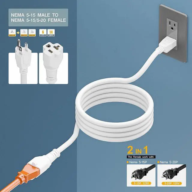 Alt view image 4 of 7 - 6FT 15 Amp Household AC Plug to 20 Amp T Blade Adapter Cable, 14AWG 15 Amp to 20 Amp Plug Adapter Cord Nema 5-15P to 5-15R/5-20R 20Amp Comb AC Power Cord, White