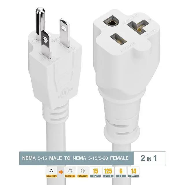 Alt view image 6 of 7 - 6FT 15 Amp Household AC Plug to 20 Amp T Blade Adapter Cable, 14AWG 15 Amp to 20 Amp Plug Adapter Cord Nema 5-15P to 5-15R/5-20R 20Amp Comb AC Power Cord, White