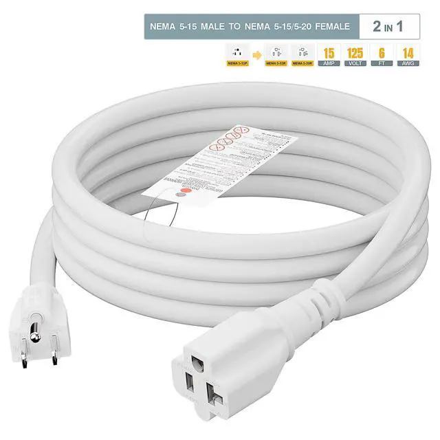 Alt view image 7 of 7 - 6FT 15 Amp Household AC Plug to 20 Amp T Blade Adapter Cable, 14AWG 15 Amp to 20 Amp Plug Adapter Cord Nema 5-15P to 5-15R/5-20R 20Amp Comb AC Power Cord, White