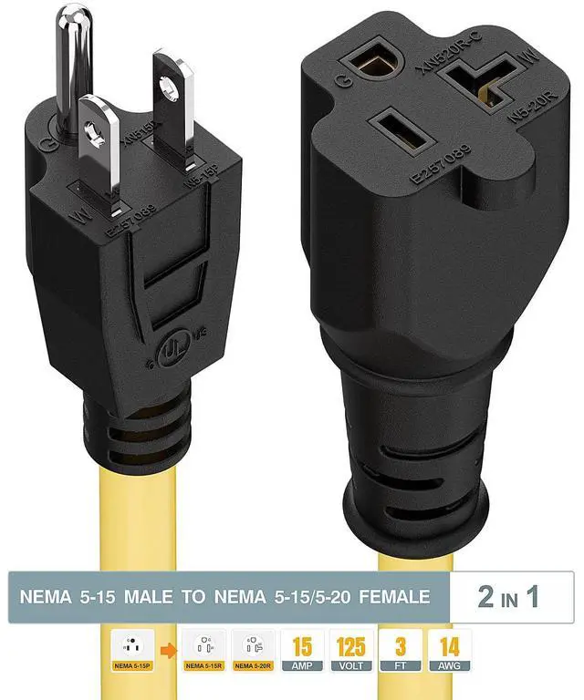 Alt view image 2 of 7 - 15 Amp Household AC Plug to 20 Amp T Blade Adapter Cable 3-Feet | 14AWG 15 Amp to 20 Amp Plug Adapter Cord Nema 5-15P to 5-15R/5-20R 20Amp Comb AC Power Cord, Yellow