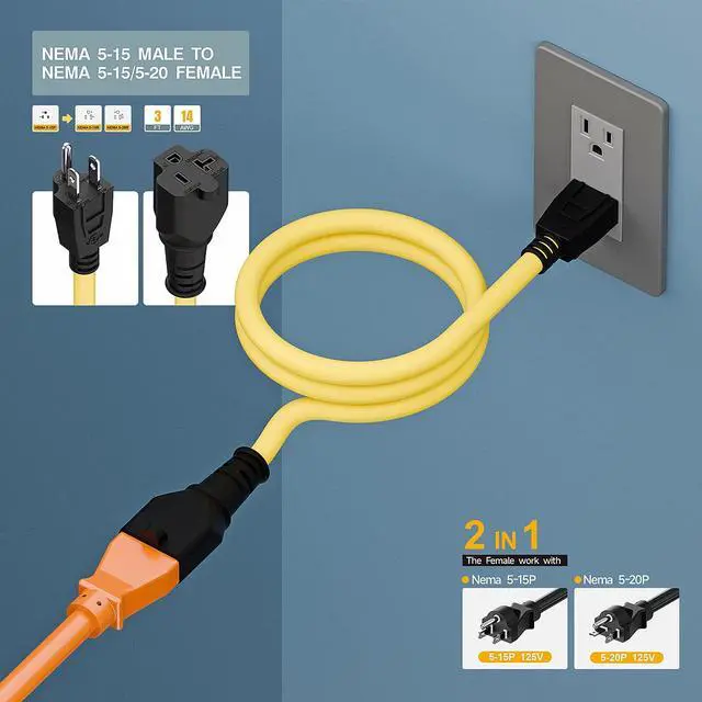 Alt view image 3 of 7 - 15 Amp Household AC Plug to 20 Amp T Blade Adapter Cable 3-Feet | 14AWG 15 Amp to 20 Amp Plug Adapter Cord Nema 5-15P to 5-15R/5-20R 20Amp Comb AC Power Cord, Yellow