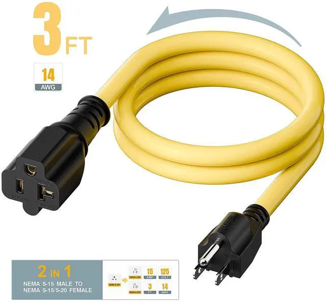 Alt view image 4 of 7 - 15 Amp Household AC Plug to 20 Amp T Blade Adapter Cable 3-Feet | 14AWG 15 Amp to 20 Amp Plug Adapter Cord Nema 5-15P to 5-15R/5-20R 20Amp Comb AC Power Cord, Yellow