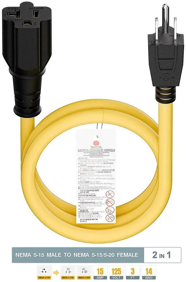 Alt view image 5 of 7 - 15 Amp Household AC Plug to 20 Amp T Blade Adapter Cable 3-Feet | 14AWG 15 Amp to 20 Amp Plug Adapter Cord Nema 5-15P to 5-15R/5-20R 20Amp Comb AC Power Cord, Yellow